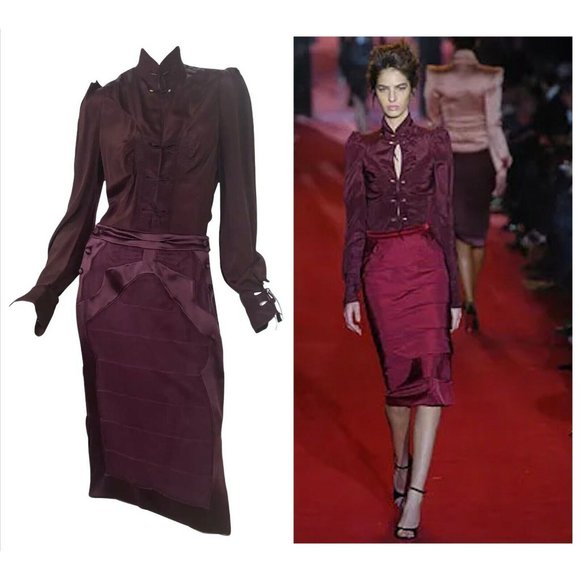 2004 Vintage Tom Ford for Yves Saint Laurent Burgundy Silk Chinoiserie Suit